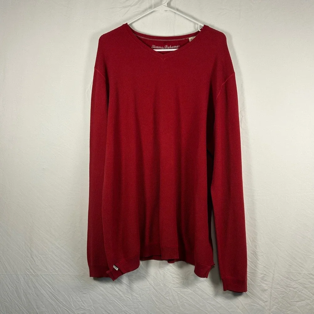 Tommy‎ Bahama Sweater Mens XL Red V-Neck Waffle Knit Cotton Long Sleeve